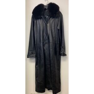 Bizakis Furs Black Lambskin Leather Long Trench Coat Mobwife Fur Collar Small‎